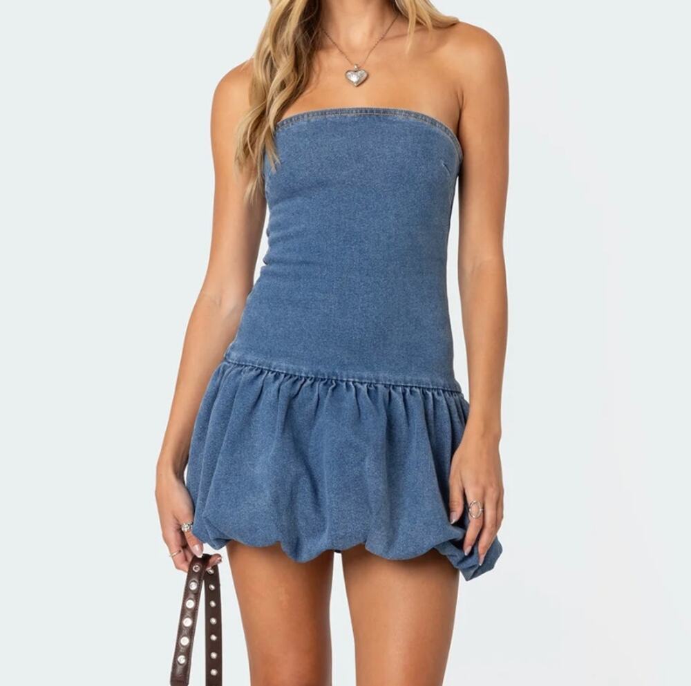 Edikted Denim Bubble Skirt Mini Dress Size M